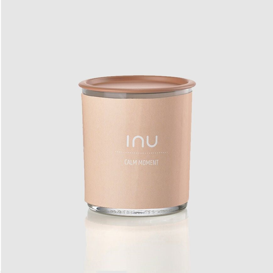 INU Calm Moment Candle - Calm Moment: Geranium, Jasmine, Amber - soy wax candle with organic cotton wicks and organic essential oils in glass jar wrapped with soft pink label and pink lid - Stocked at LOVINLIFE Co Byron Bay for all your gifts, candles and interior decorating needs