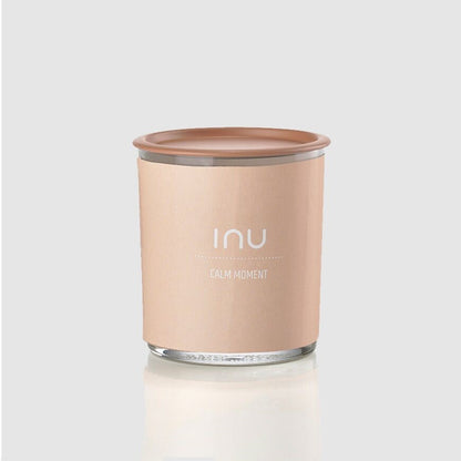 INU Calm Moment Candle - Calm Moment: Geranium, Jasmine, Amber - soy wax candle with organic cotton wicks and organic essential oils in glass jar wrapped with soft pink label and pink lid - Stocked at LOVINLIFE Co Byron Bay for all your gifts, candles and interior decorating needs