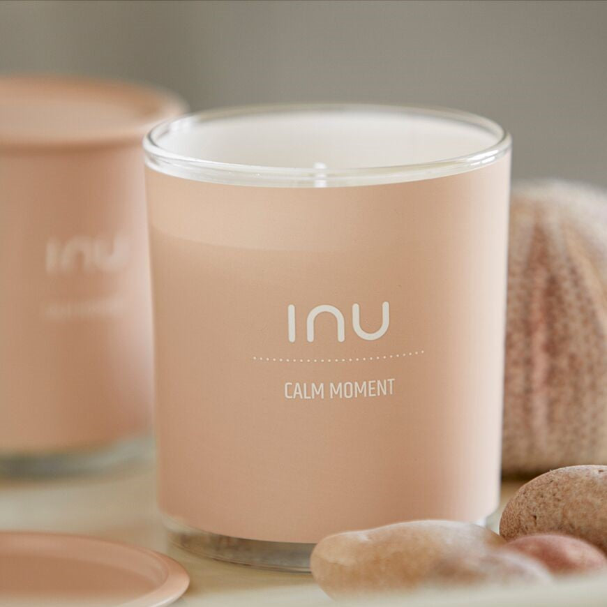 INU Calm Moment Candle - Calm Moment: Geranium, Jasmine, Amber - soy wax candle with organic cotton wicks and organic essential oils in glass jar wrapped with soft pink label - Stocked at LOVINLIFE Co Byron Bay for all your gifts, candles and interior decorating needs