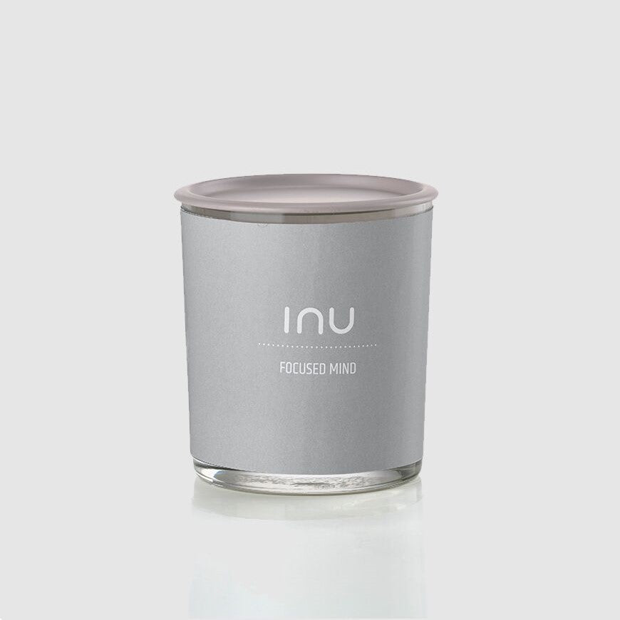 INU Focused MInd Candle - Focused Mind: Neroli, Bergamont, Lemon - soy wax candle with organic cotton wicks and organic essential oils in grey glass jar with grey lid - Stocked at LOVINLIFE Co Byron Bay for all your gifts, candles and interior decorating needs