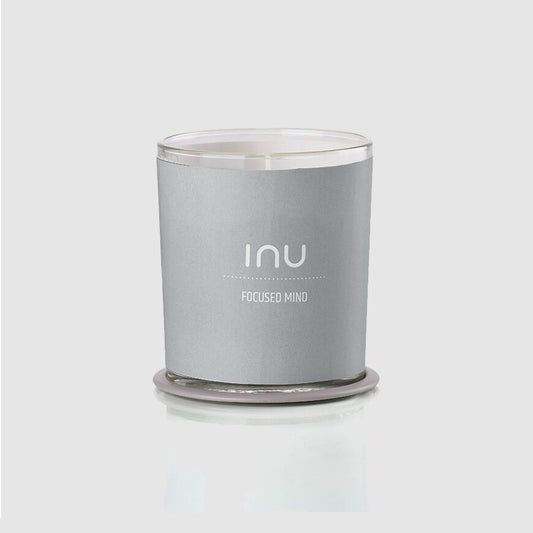 INU Focused MInd Candle - Focused Mind: Neroli, Bergamont, Lemon - soy wax candle with organic cotton wicks and organic essential oils in grey glass jar - Stocked at LOVINLIFE Co Byron Bay for all your gifts, candles and interior decorating needs