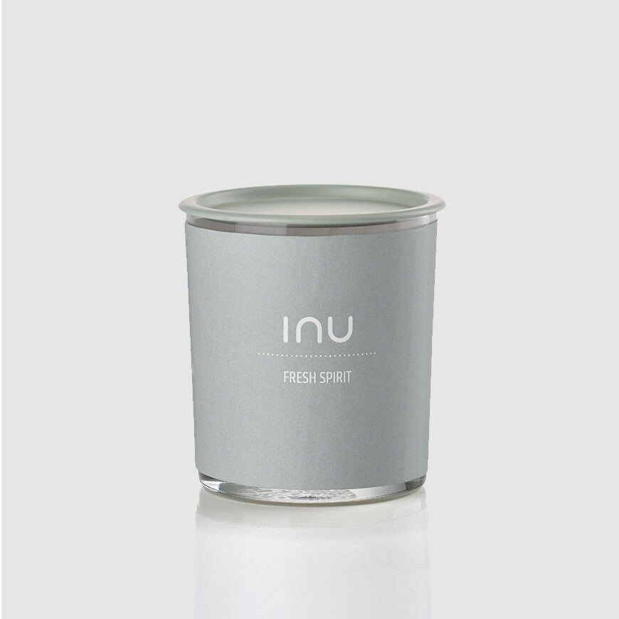 INU Fresh Spirit Candle - Fresh Spirit: Fresh Air, Grapefruit Zest, Lime - soy wax candle with organic cotton wicks and organic essential oils in grey glass jar with grey lid on - Stocked at LOVINLIFE Co Byron Bay for all your gifts, candles and interior decorating needs