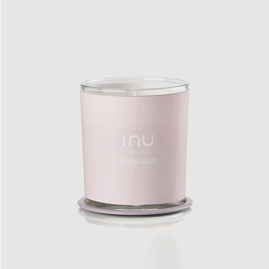INU Relaxing Break Candle - Relaxing Break: Rose, Linden, Sandalwood - soy wax candle with organic cotton wicks and organic essential oils in pink glass jar - Stocked at LOVINLIFE Co Byron Bay for all your gifts, candles and interior decorating needs
